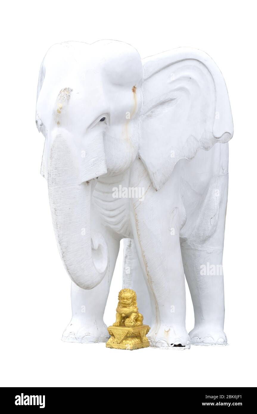 White elephant statue with small chinese lion statue Stock Photo Alamy