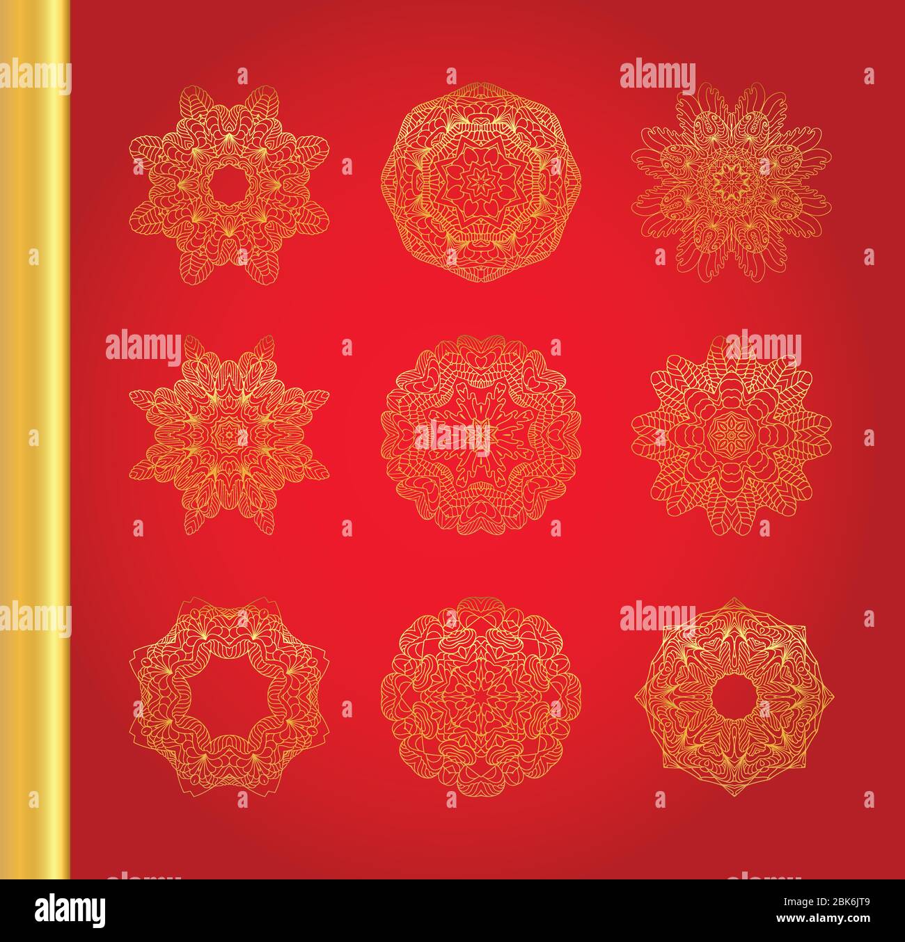 Golden vector traditional snowflakes on red background. Stock Vector