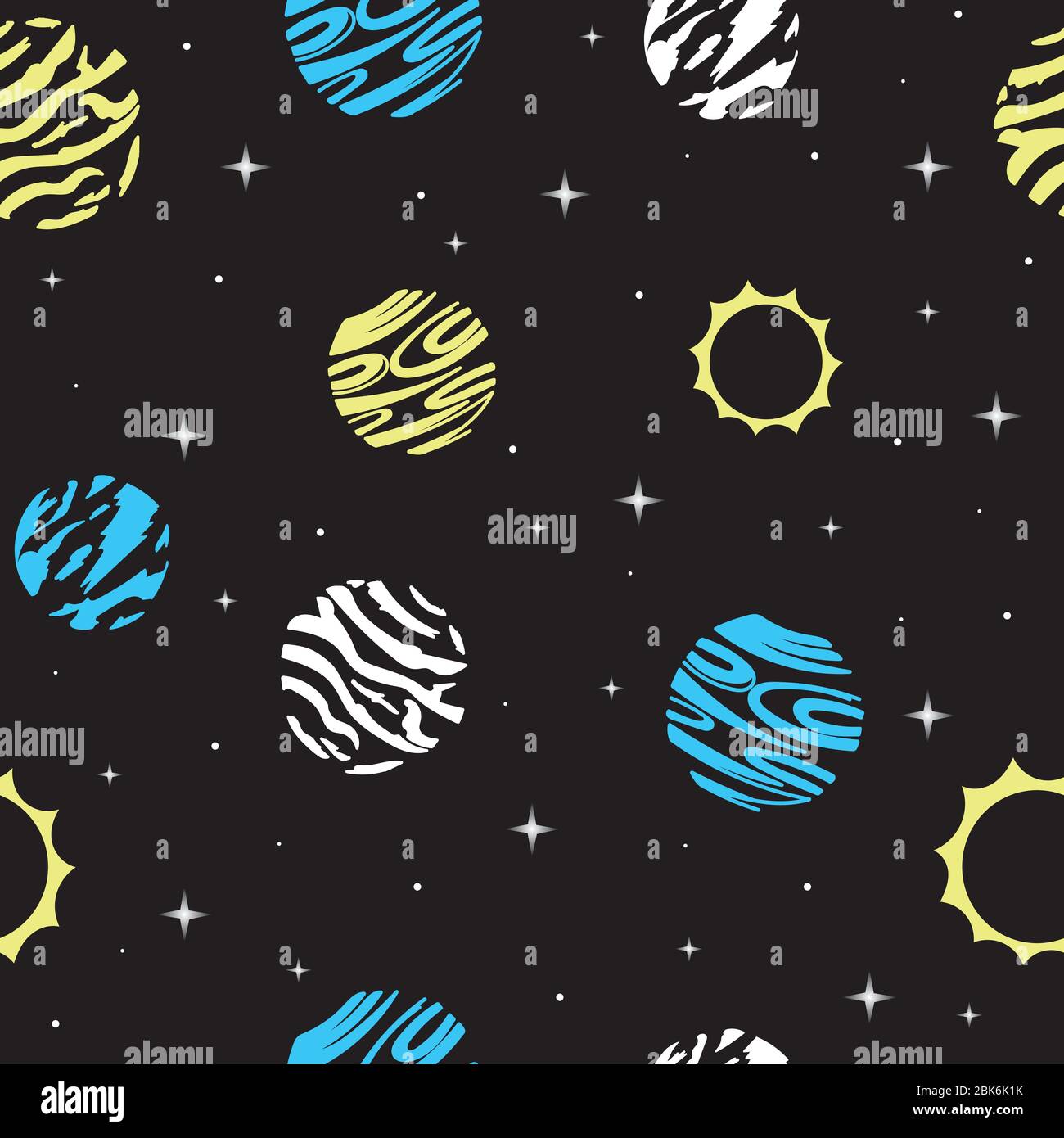 space seamless vector pattern on a dark background with yellow, blue ...