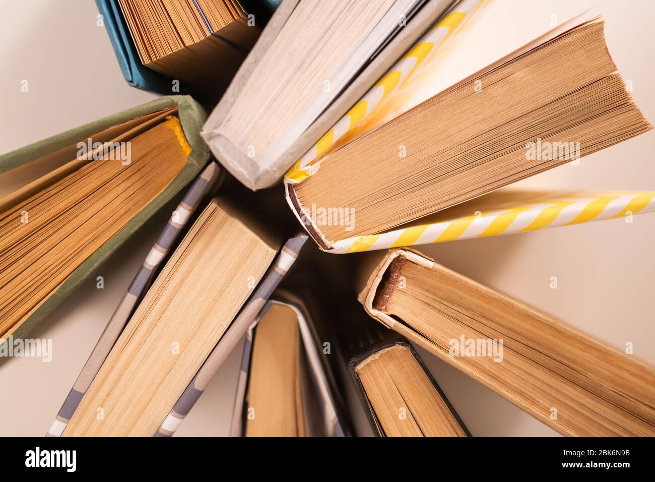 Flat layout of several books in paper covers on white desk that can be used as background for school or educational subject Stock Photo