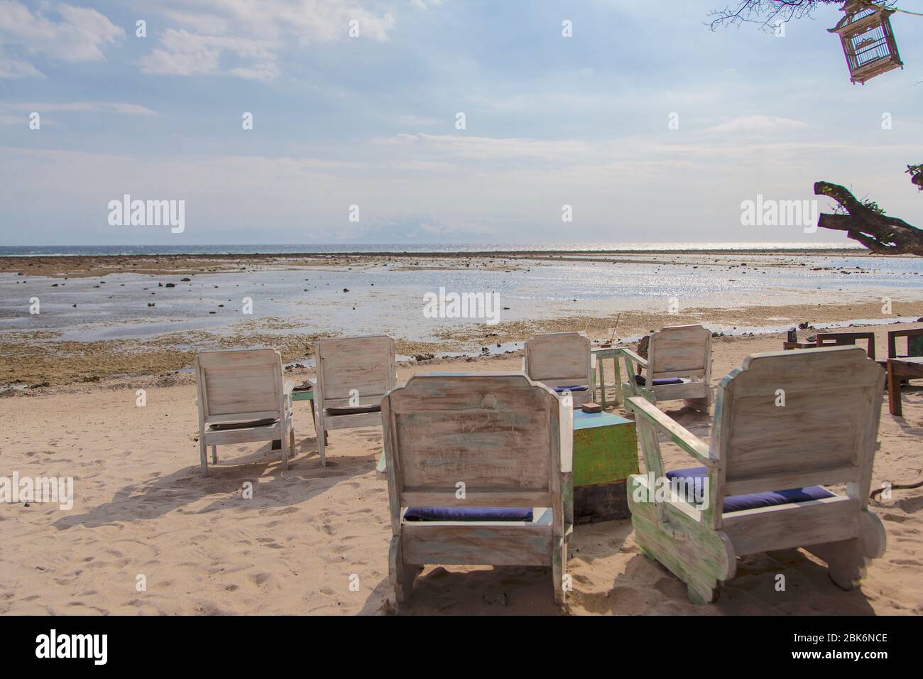 Exotic Sunbeds, Gili Trawangan island, Indonesia. Stock Photo