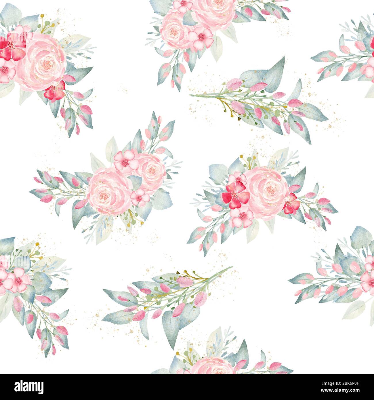 Pink Flowers And Green Leaves Watercolor Seamless Pattern Floral Bouquet Greenery Clipart Handmade Digital Paper For Diy Scrapbooking Wedding Grap Stock Photo Alamy