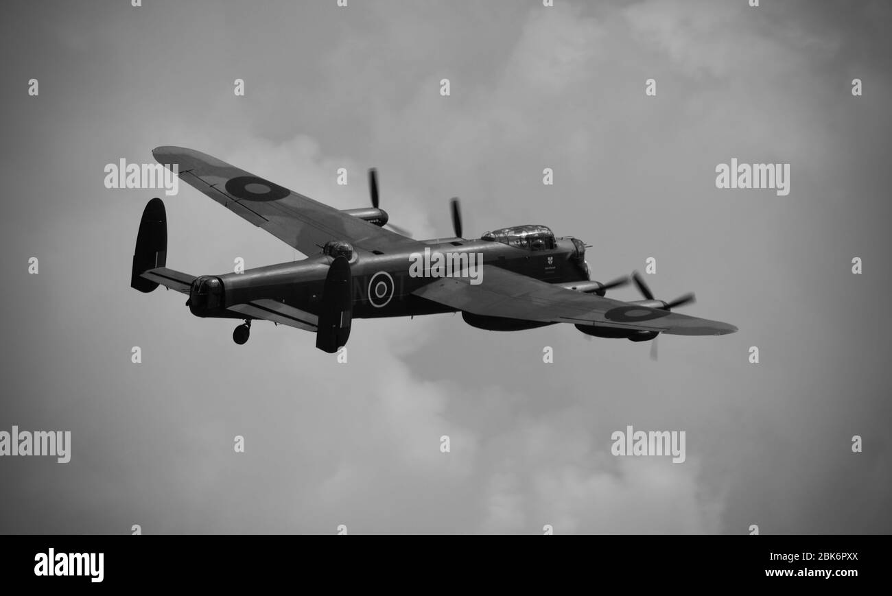 The Royal Air Force Battle of Britain Memorial Flight (BBMF) Avro Lancaster performing a flypast at Shuttleworth Fly Navy Airshow on the 3rd June 2018 Stock Photo