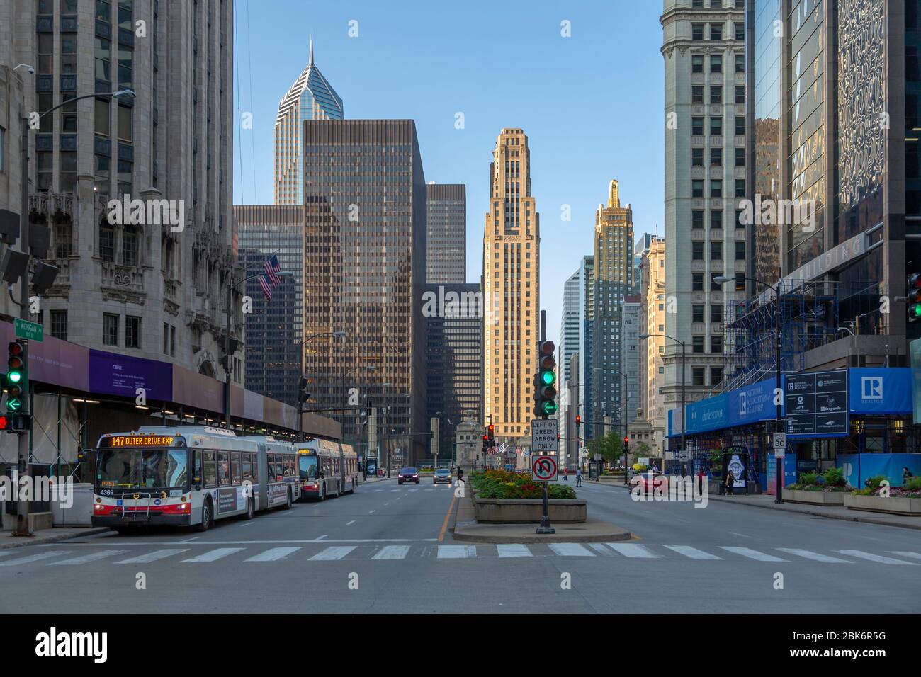 View of early morning traffic on North Michigan Avenue, Chicago, Illinois, United States of America, North America Stock Photo