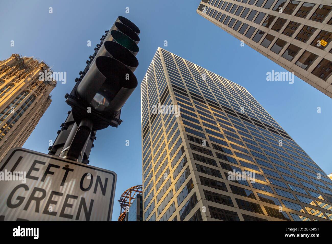 View of traffic lights and skyscrapers on North Michigan Avenue, Chicago, Illinois, United States of America, North America Stock Photo