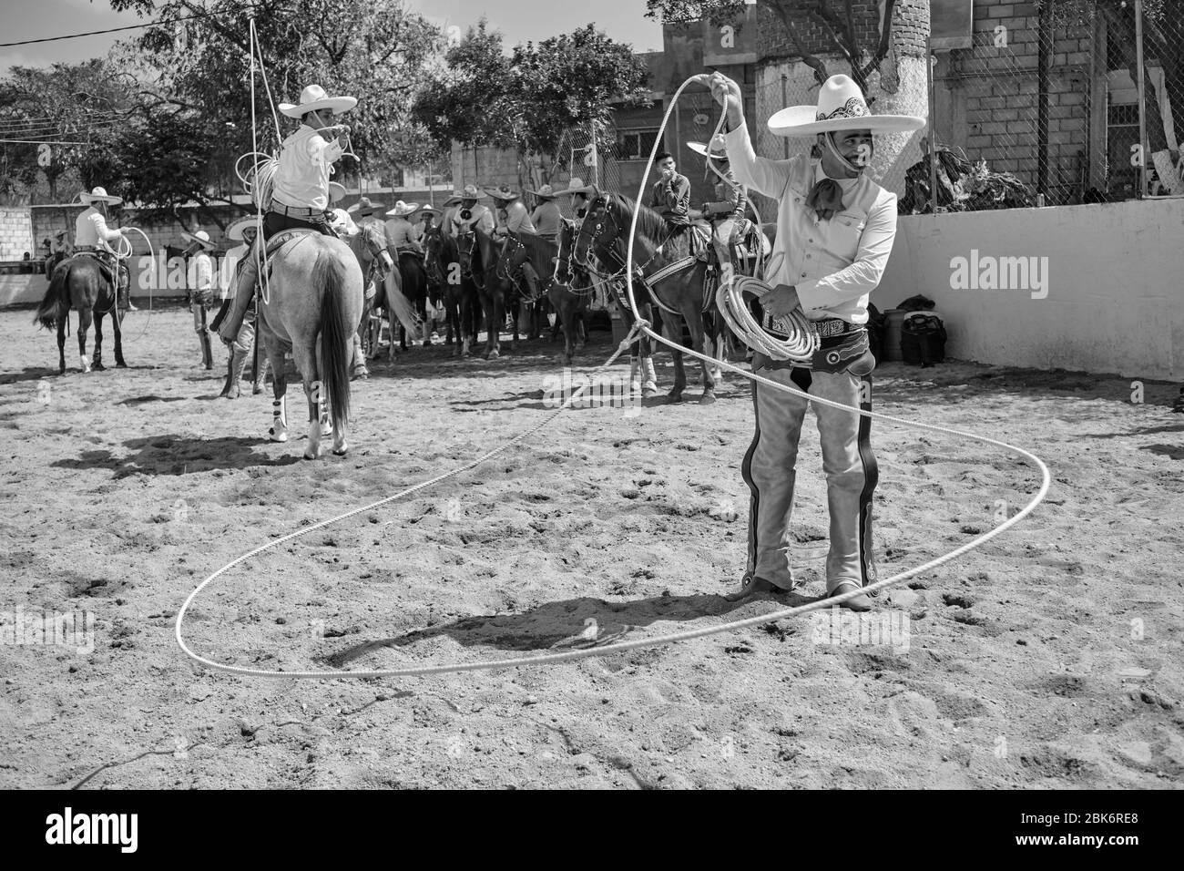 Charrerias are the Mexican equivalent of rodeos. For three days the participants struggled to obtain the maximum number of points in the different tes Stock Photo