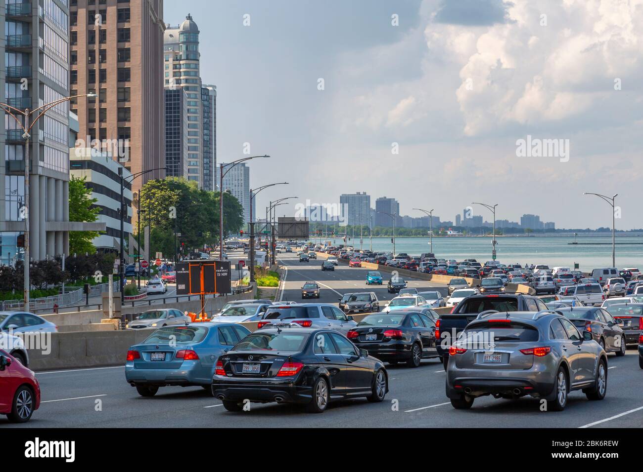 View of traffic accumulation on North Lake Shore Drive, Chicago, Illinois, United States of America, North America Stock Photo