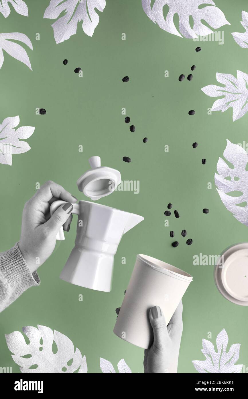 Zero waste coffee background with exotic paper leaves, monstera, fig