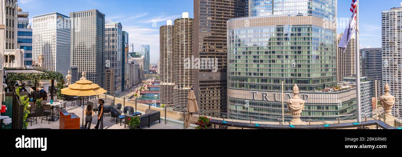 View of Chicago River from rooftop terrace, Downtown Chicago, Illinois