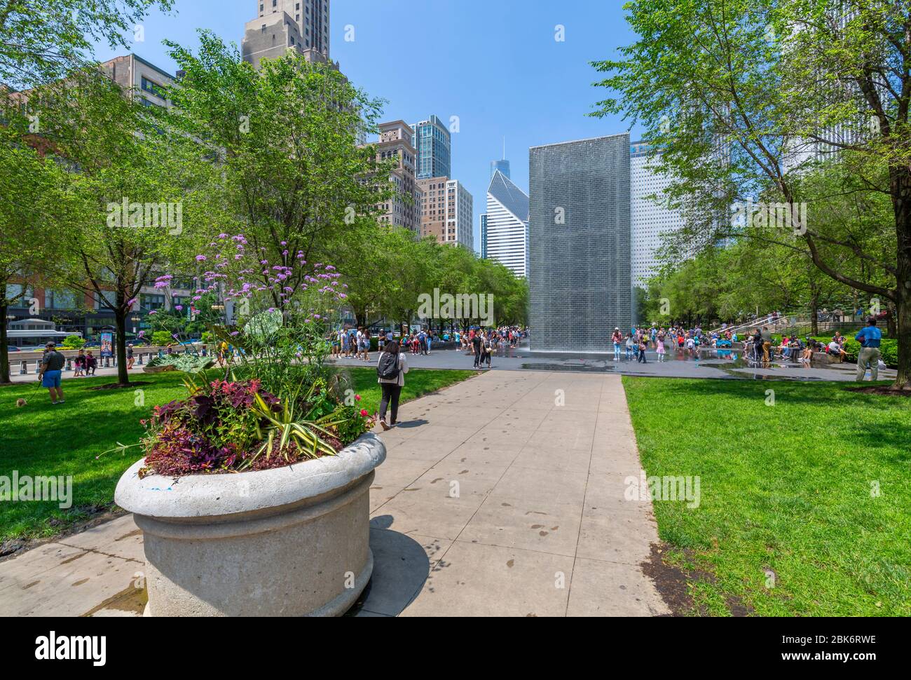 View of city skyscrapers, Crown Fountain in Millenium Park, Downtown Chicago, Illinois, United States of America, North America Stock Photo