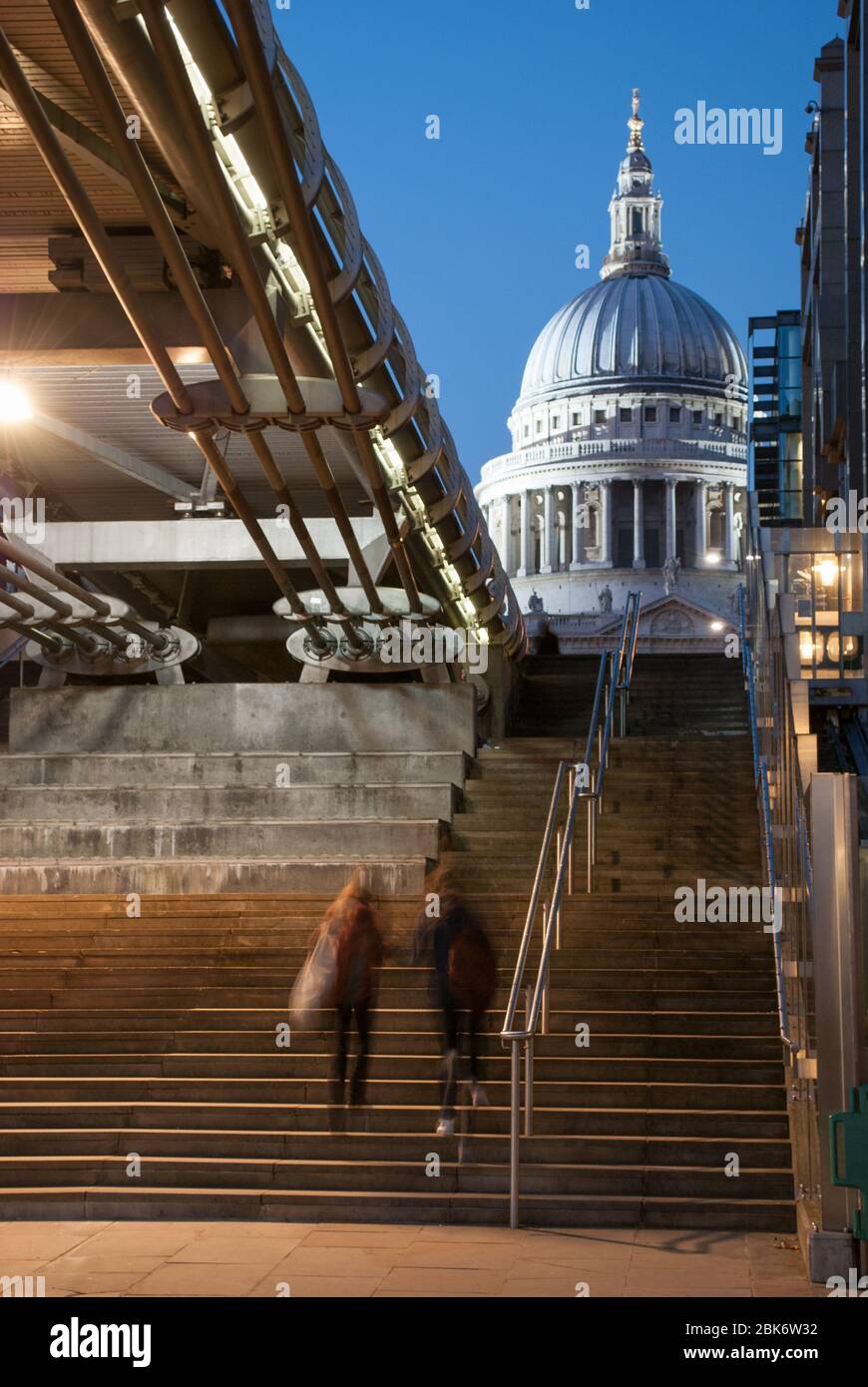 Twilight Dark Night River Thames City of London Skyline Cityscape Icons St. Pauls Cathedral Dome Millennium Bridge Norman Foster Sir Christopher Wren Stock Photo