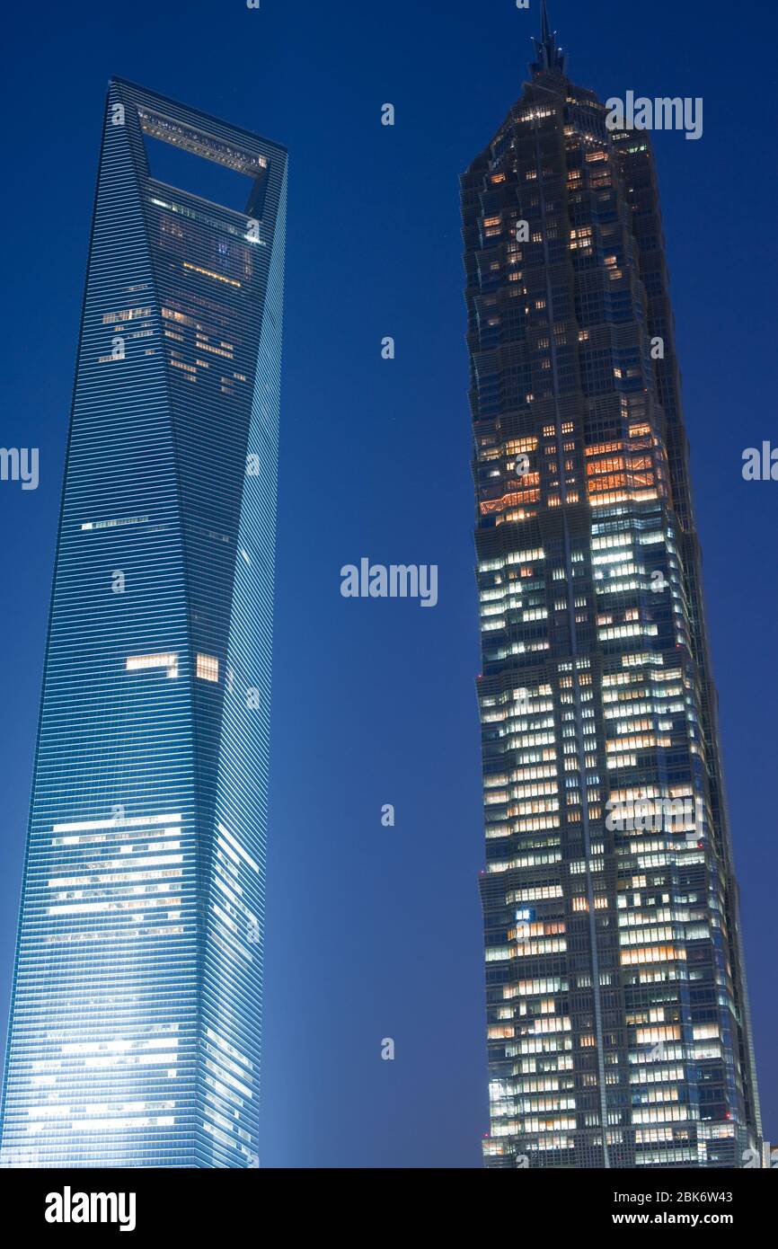 Pudong, Shanghai, China, Asia - View of the SWFC, Shanghai World Financial center at left and Jinmao Tower at right. Stock Photo