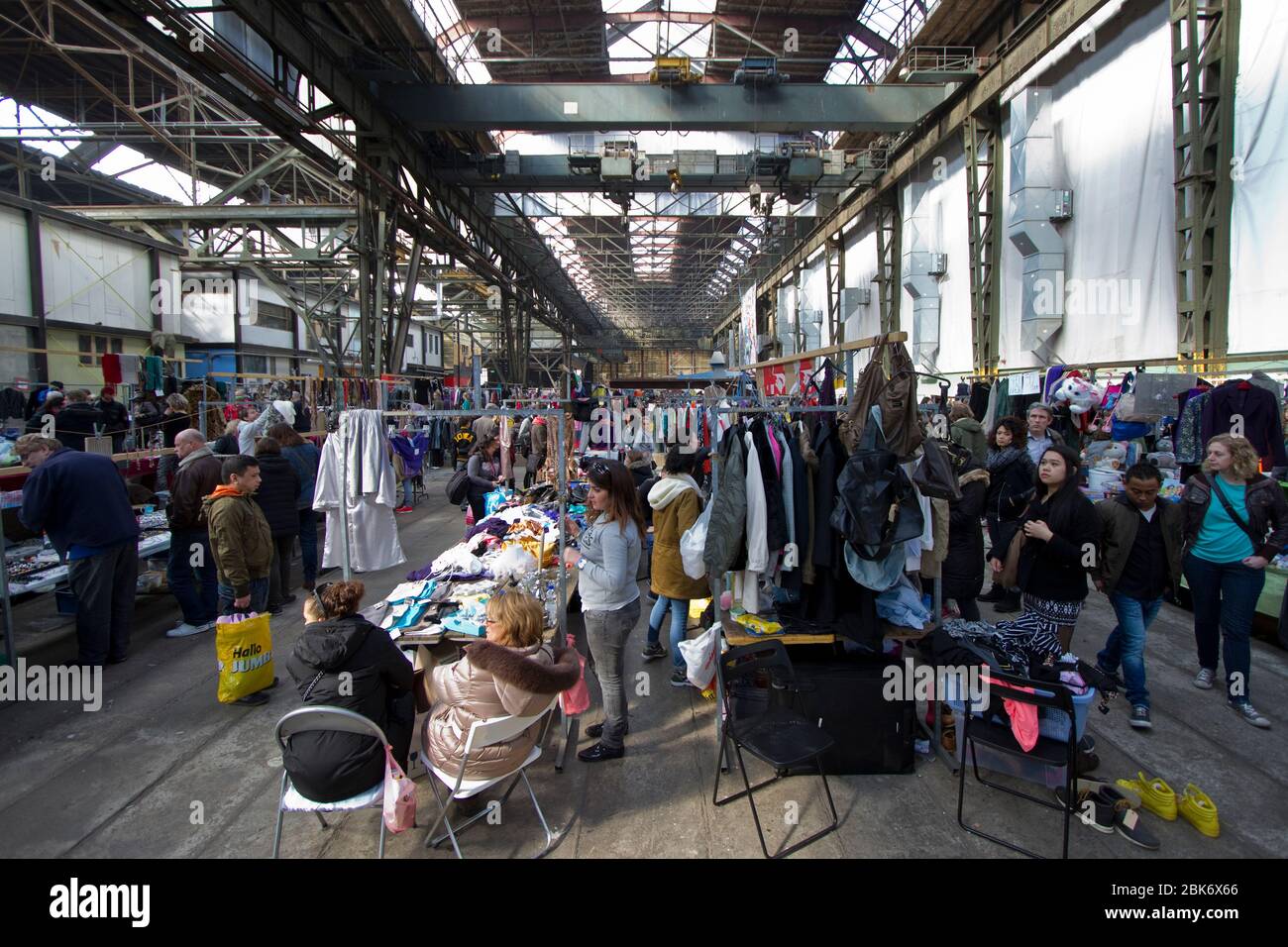 People shopping at IJ-Hallen flea market, Amsterdam Noord, NDSM area Stock Photo