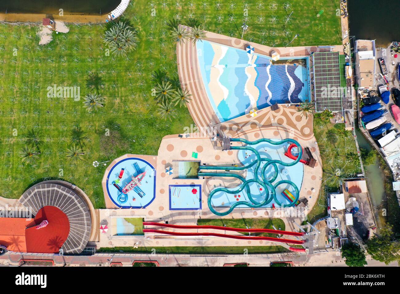 Corona Virus lockdown, Aerial image of a large and empty Water park
