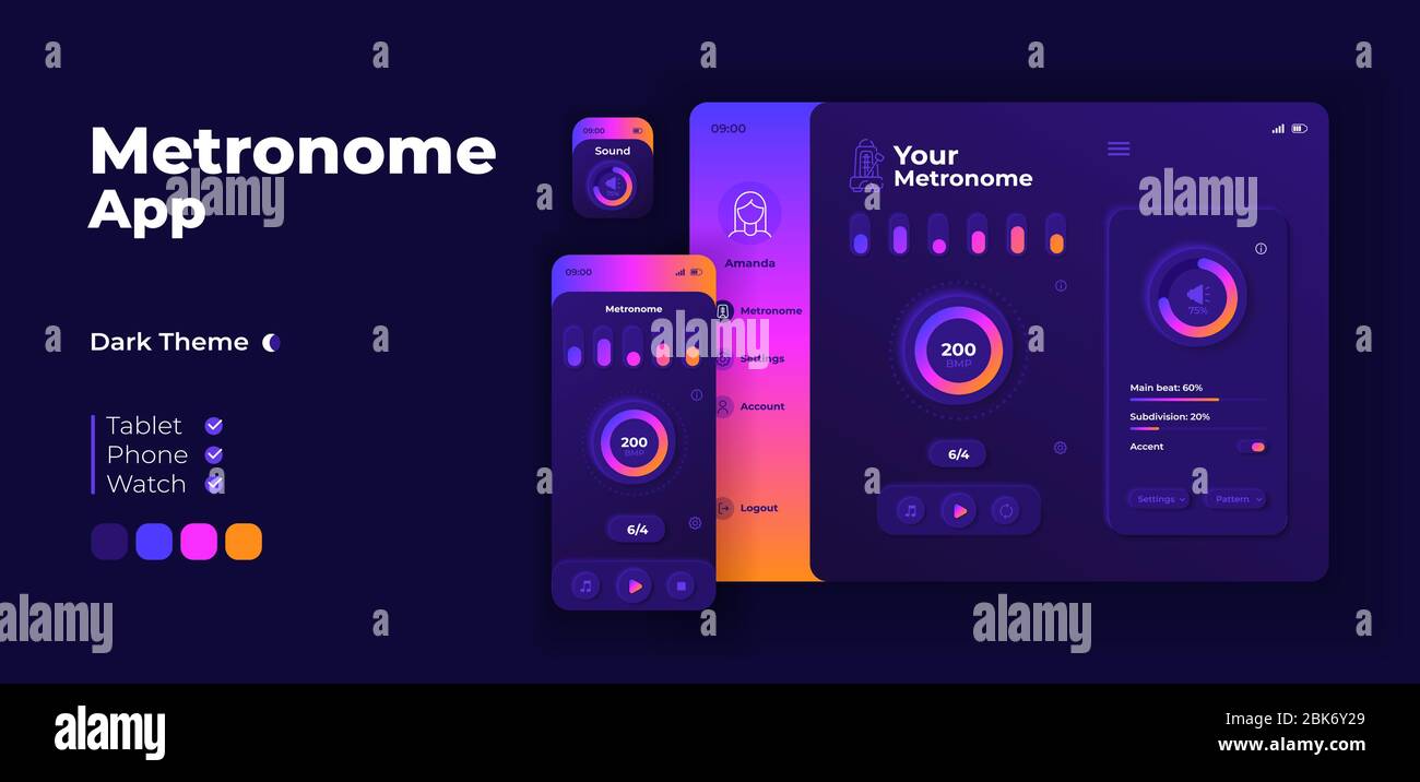 Metronome app screen vector adaptive design template. Music pace support instrument night mode interface with flat characters. Beats per minute Stock Vector