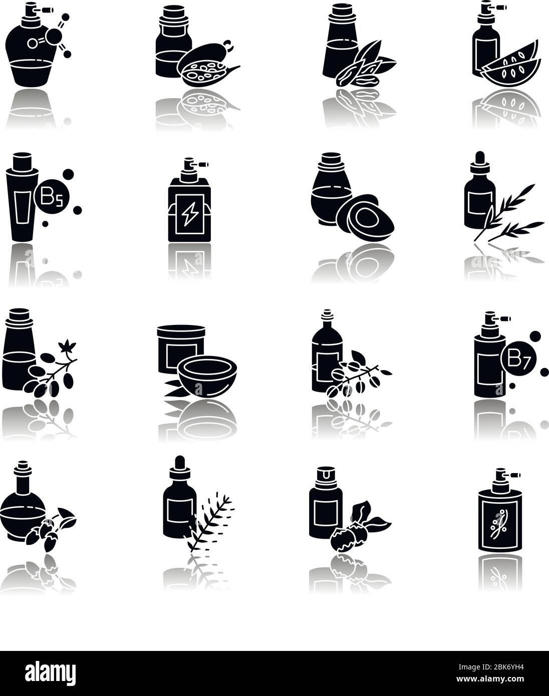 Hair oils drop shadow black glyph icons set. Hydrolyzed wheat protein ...