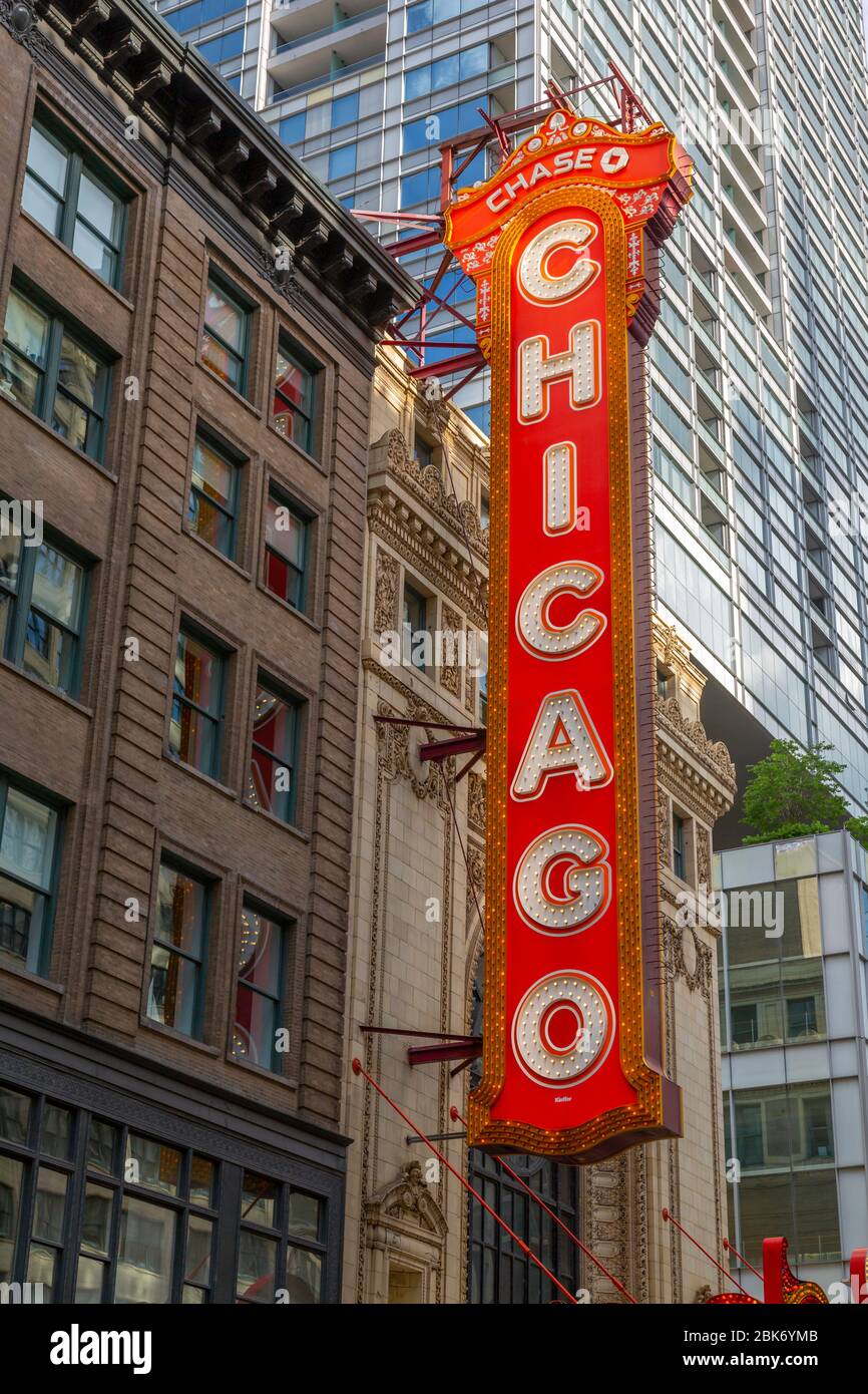 View of The Chicago Theatre ornate neon sign on North State Street