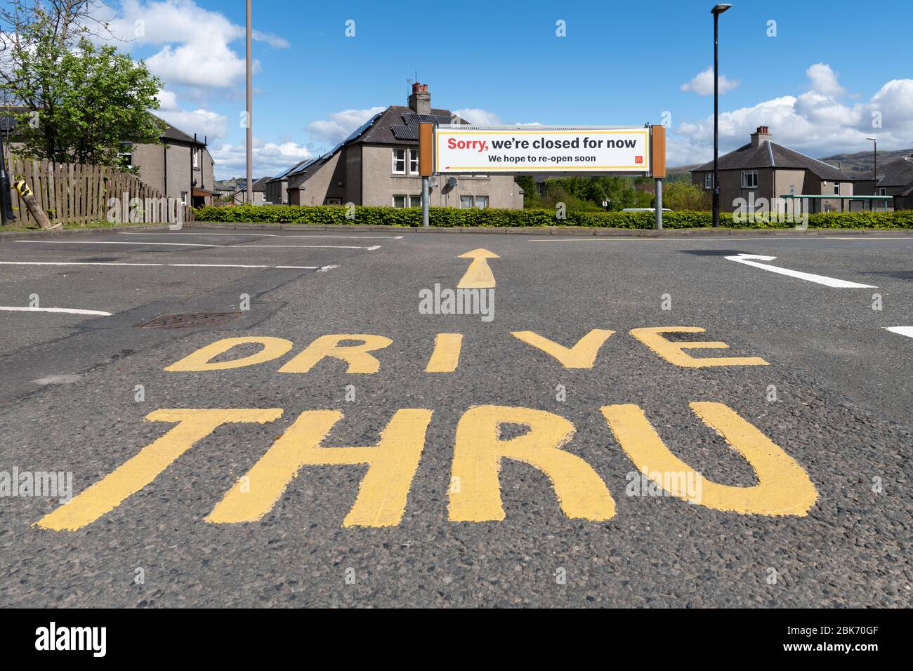 McDonalds drive thru - closed during the coronavirus pandemic - 'sorry, we're closed for now. We hope to re-open soon' - Stirling, Scotland, UK Stock Photo
