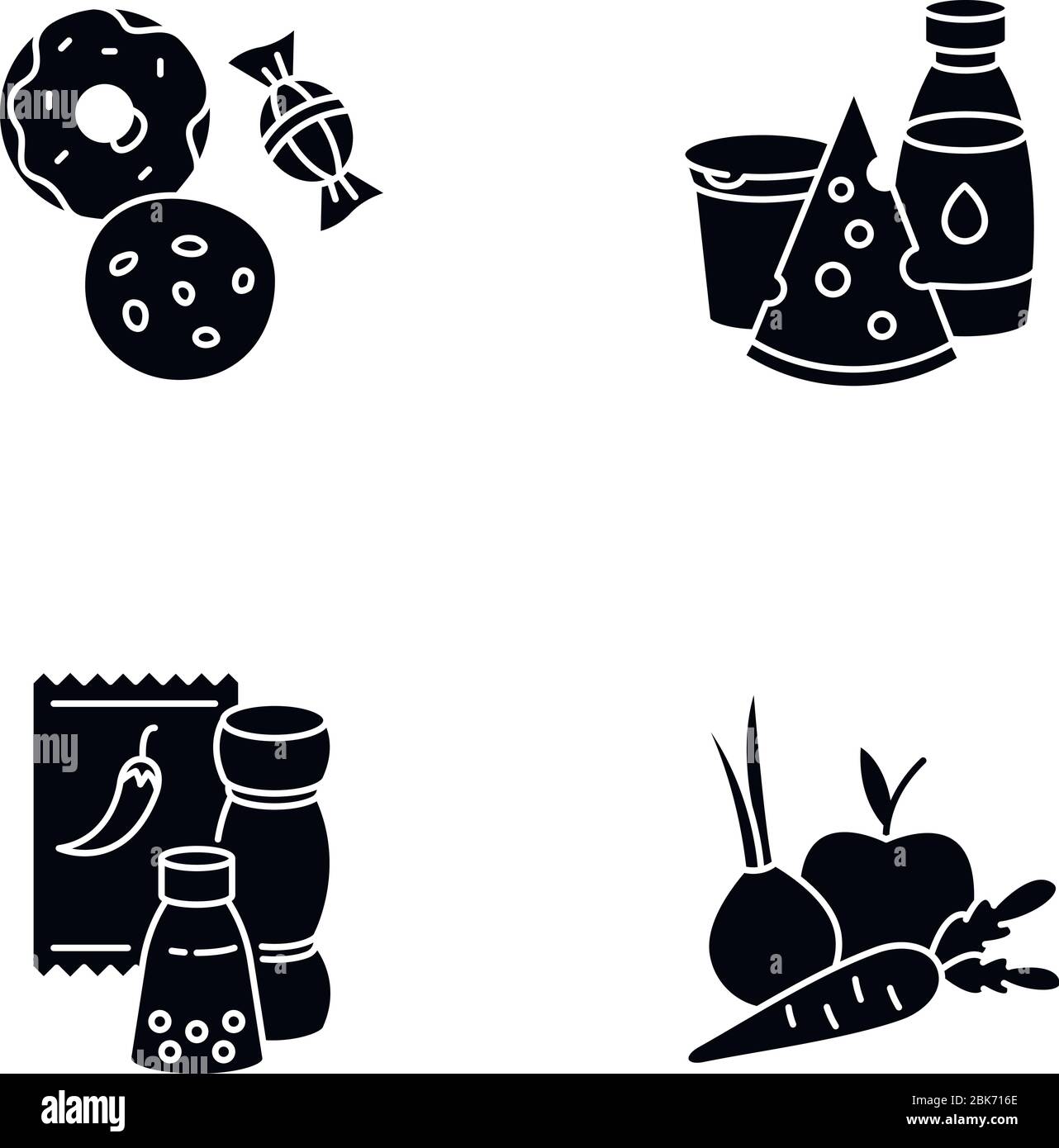 Supermarket food black glyph icons set on white space Stock Vector