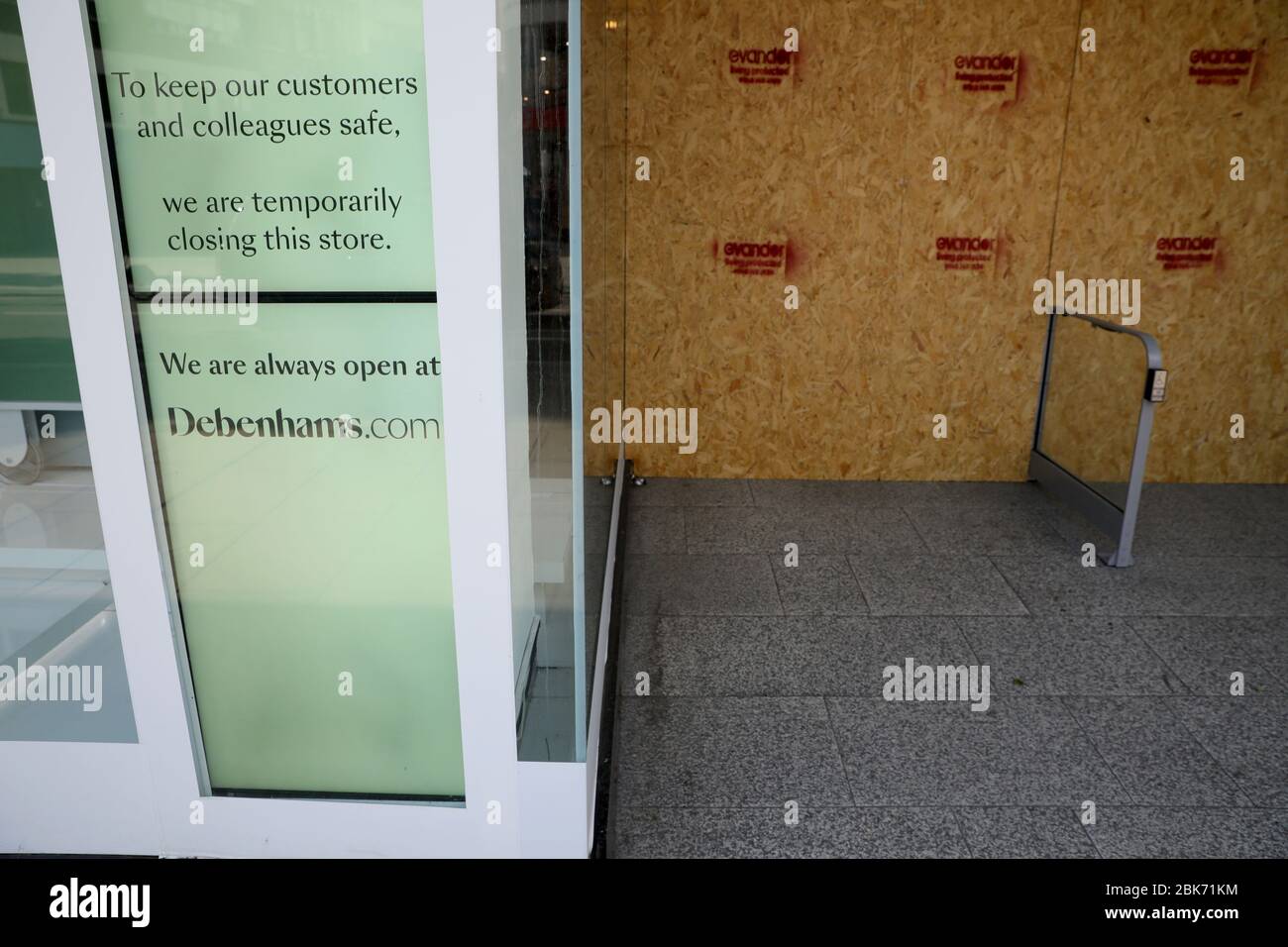 London, UK. 1st May, 2020. Photo taken on May 1, 2020 shows the closed Debenhams store on Oxford Street, in London, Britain. Credit: Tim Ireland/Xinhua/Alamy Live News Stock Photo