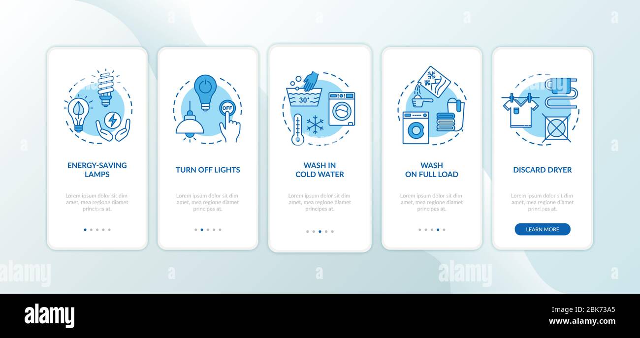 Energy saving tips onboarding mobile app page screen with concepts Stock Vector