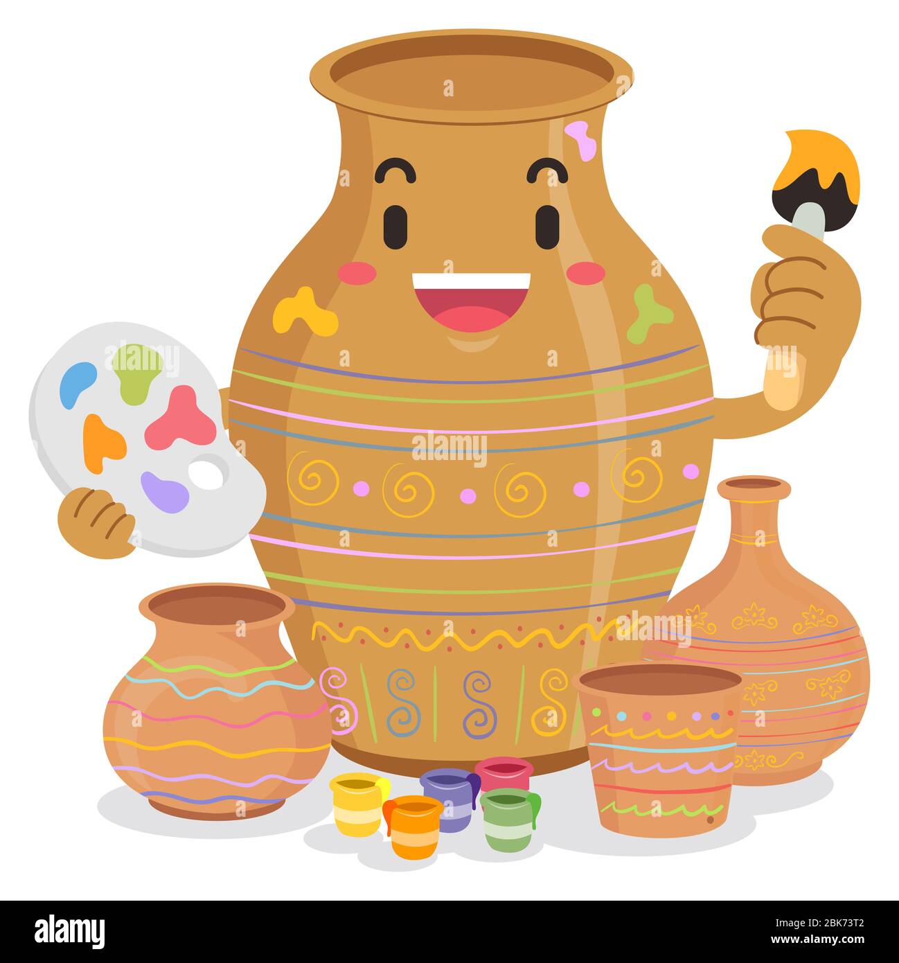 Illustration of Jar Mascot Holding Paintbrush and Palette Painting Other Pottery Jars Stock
