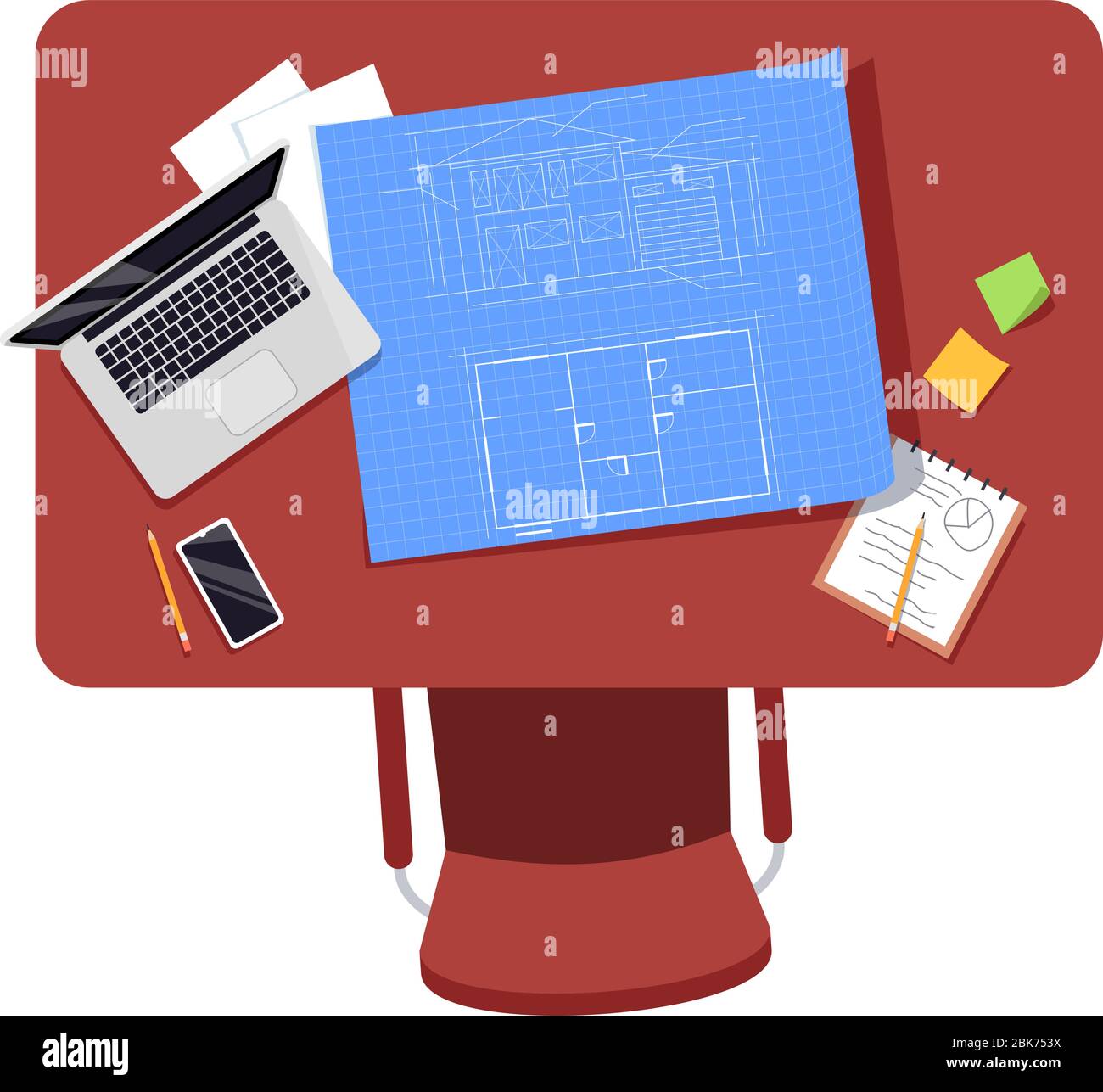 Architect workplace semi flat RGB color vector illustration Stock Vector
