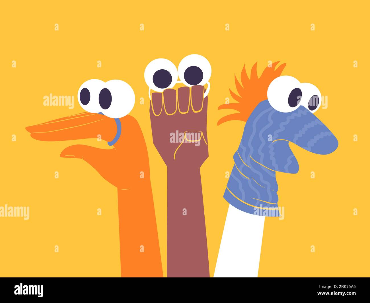 Illustration of Hands and Puppets, One Being a Sock Puppet in a Basic  Workshop Stock Photo - Alamy