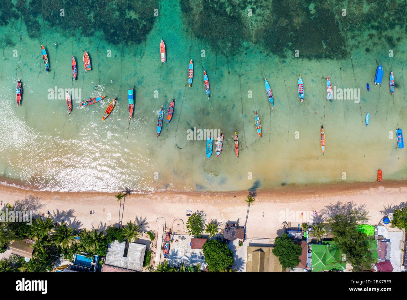 Aerial view of Long tail boats on the sea at Koh Tao island, Thailand. Stock Photo