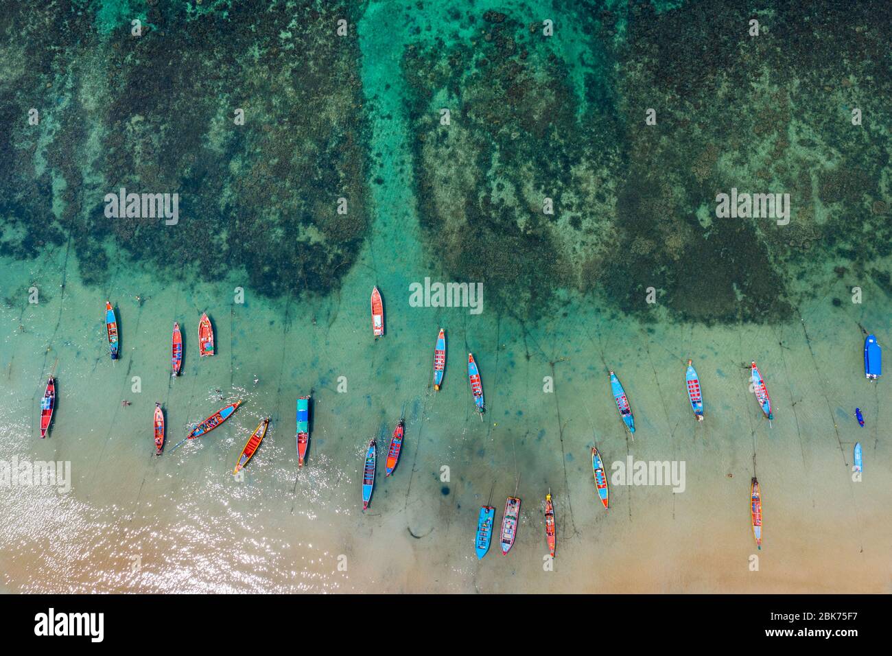 Aerial view of Long tail boats on the sea at Koh Tao island, Thailand. Stock Photo