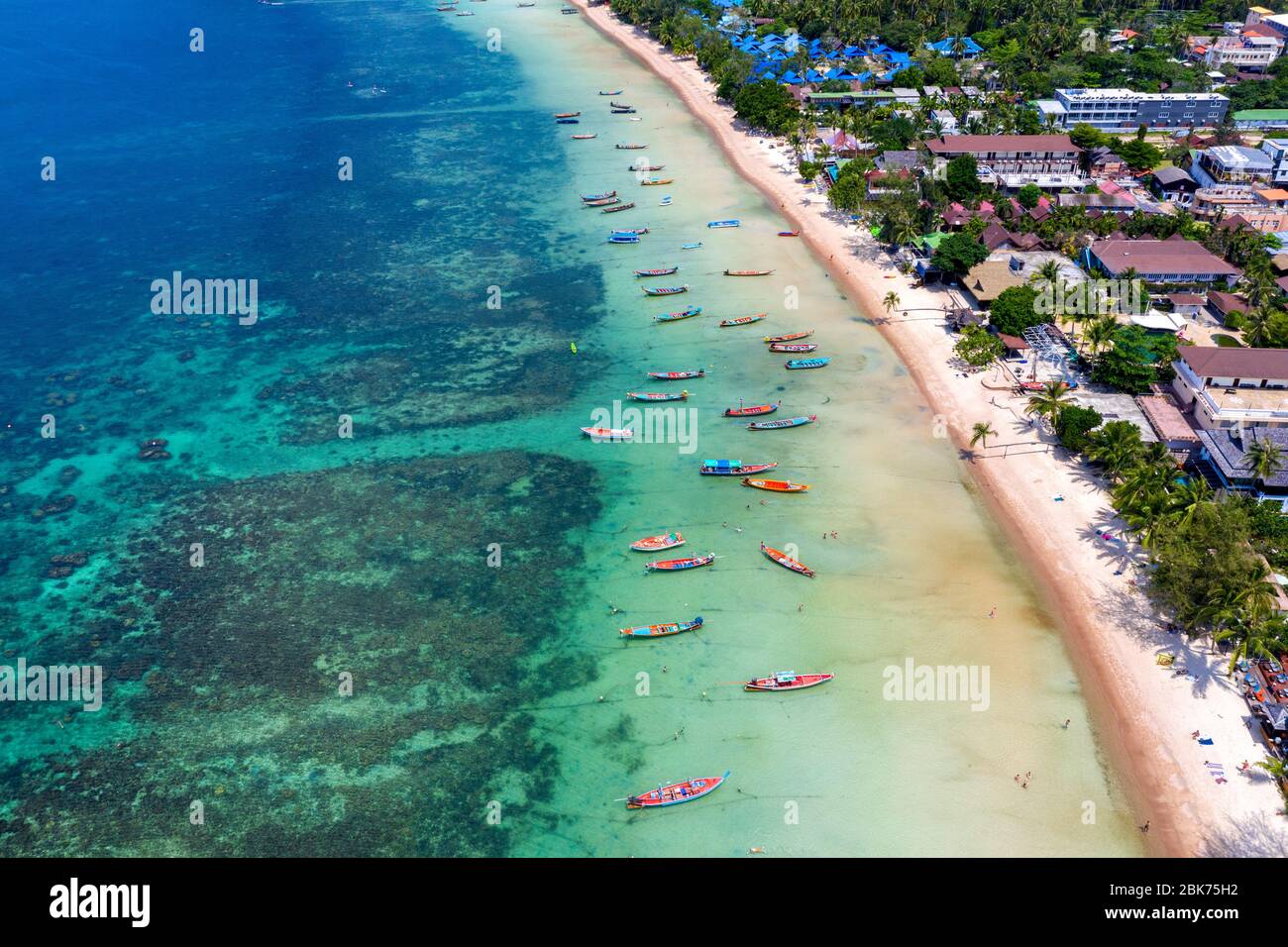 Aerial view of Long tail boats on the sea at Koh Tao island, Thailand. Stock Photo