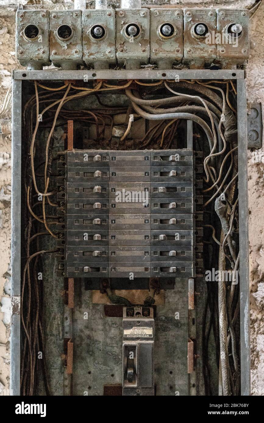 Old power box at Eastern State Penitentiary in Philadelphia, Pennsylvania, which is a former prison that functioned from 1829 to 1971. Stock Photo