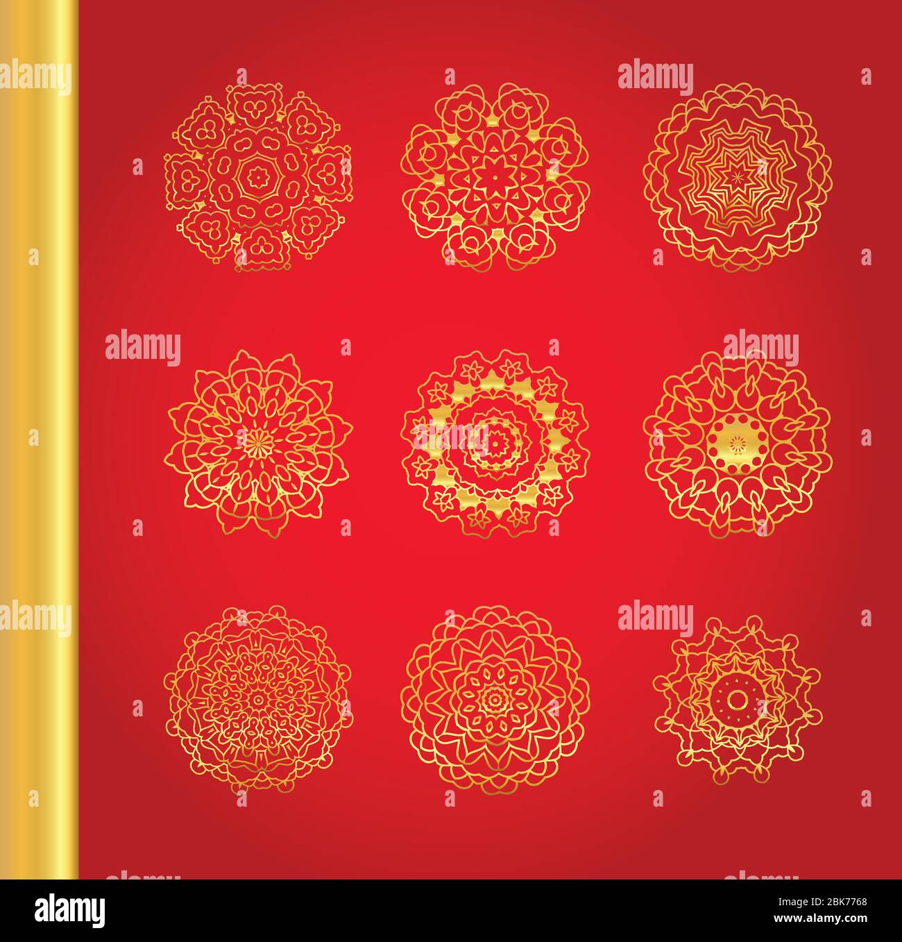 Golden vector traditional snowflakes on red background. Stock Vector