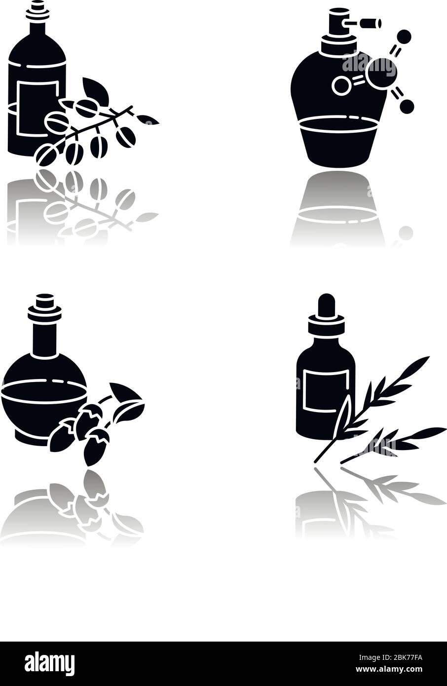 Hair oils drop shadow black glyph icons set. Antistatic sprayer in bottle. B5 panthenol ointment. B7 biotic cosmetic product. Liquid silicon. Isolated Stock Vector