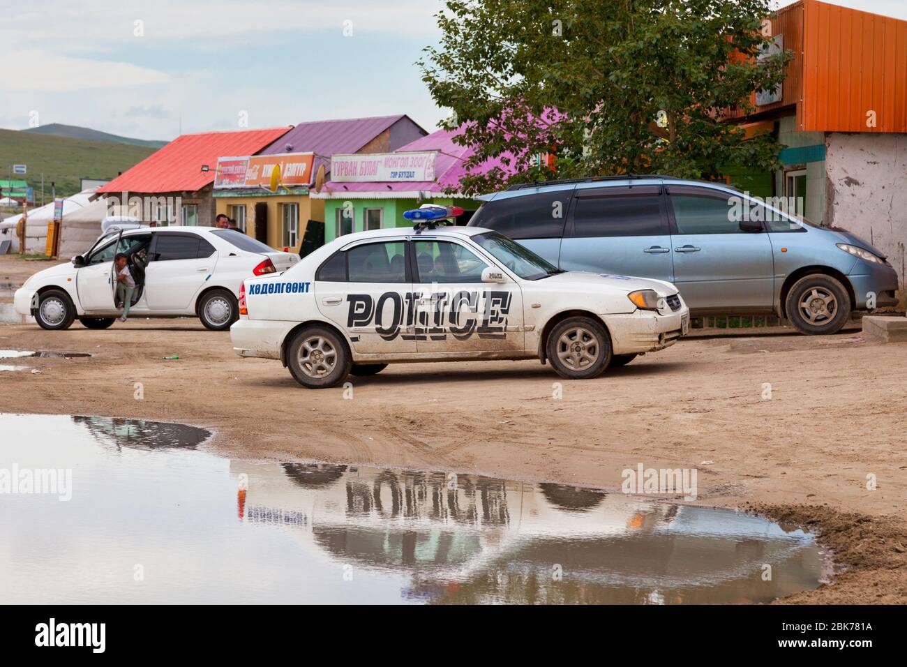 Elsen Tasarkhai, Mongolia - August 04 2018: Police car parked outside a restaurant near the dune of 'Mini Gobi'. Stock Photo