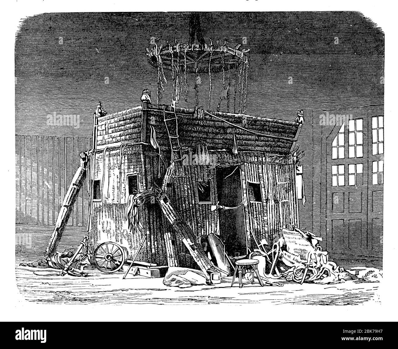The two stories gondola made of wicker with a balcony of the Le Geant balloon after the disaster in 1863 Stock Photo
