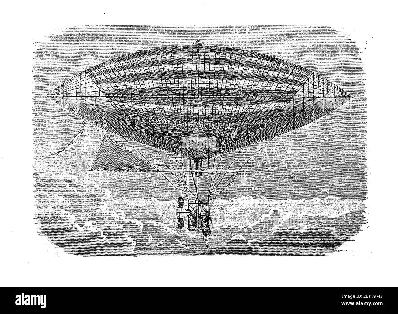 The first electric-powered flight of Gaston Tissandier French aeronaut in 1883, fitting an electric motor with a propeller in the gondola of his hot air balloon Stock Photo