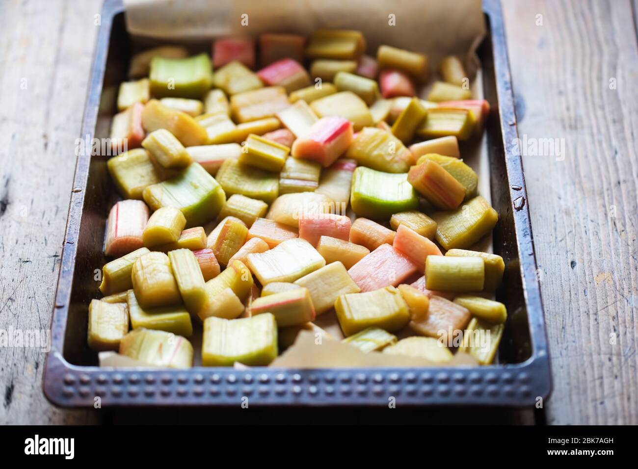 Cooked in syrup rhubarb on tray Stock Photo - Alamy