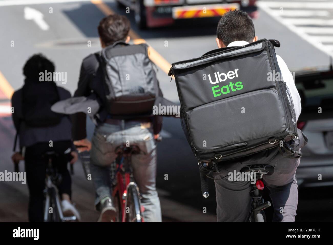 An Uber Eats driver is seen in Shinjuku on May 1, 2020, Tokyo 