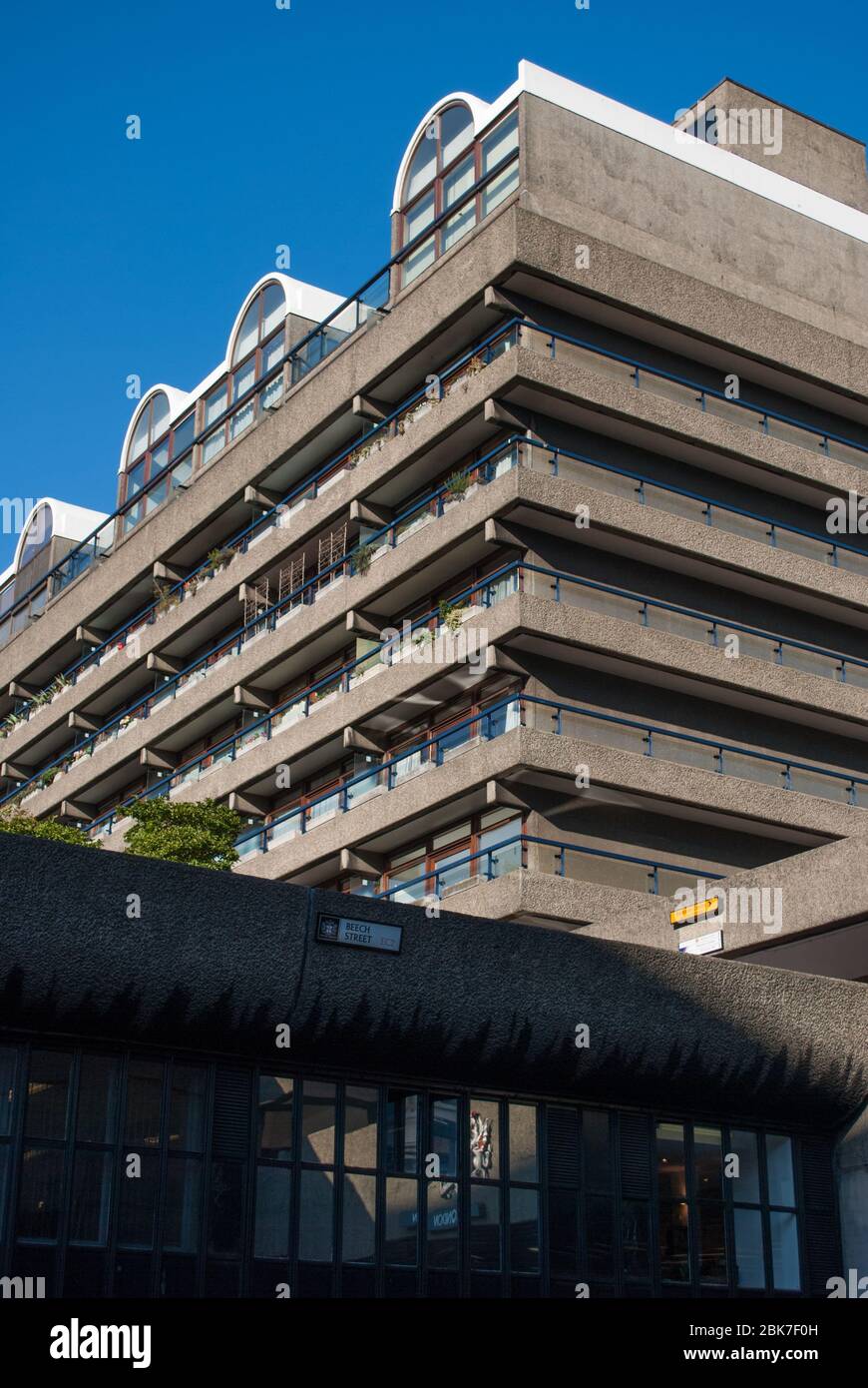 Concrete 1960s Brutalist Architecture Barbican Estate by Chamberlin Powell and Bon Architects Ove Arup on Silk Street, London Stock Photo