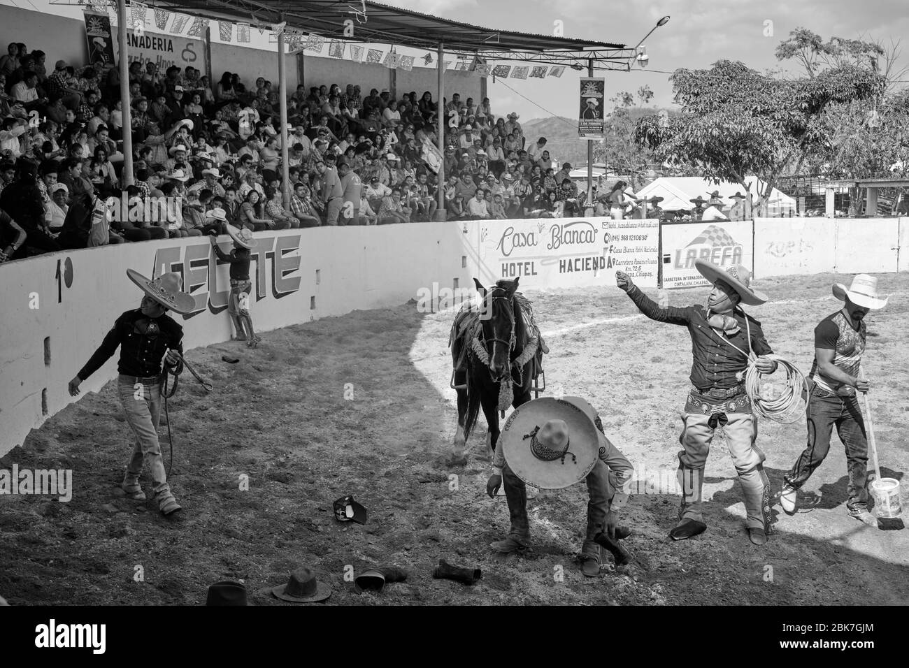 Public cheering the cowboys after a great performance during a 'charreria'. According to tradition the public throws the hats and other items in the r Stock Photo