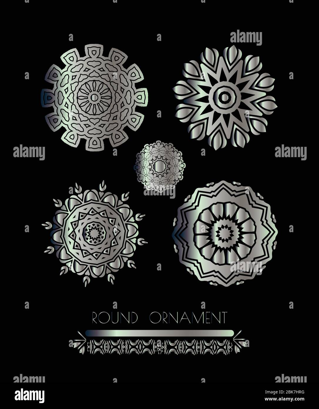 Silver texture. Silver mandala on black background Stock Vector