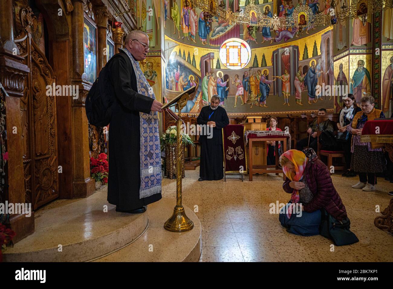 Service at the Greek Orthodox Church of the Holy Apostles at Capernaum, Israel Stock Photo
