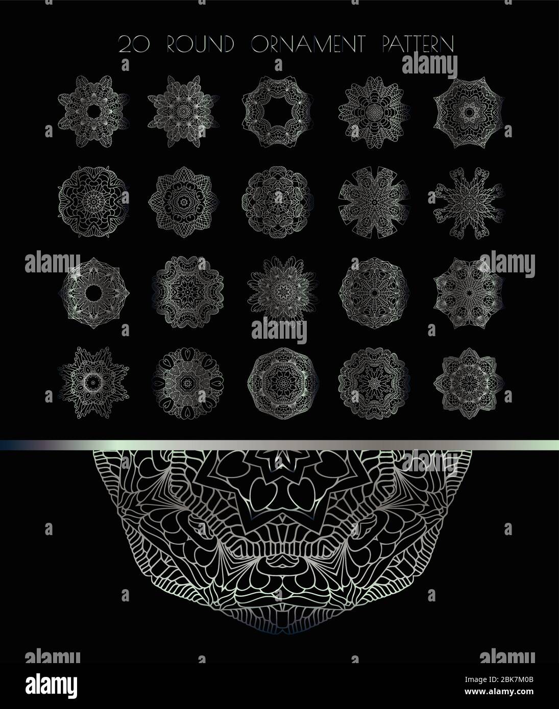 Silver texture. Silver mandala on black background Stock Vector