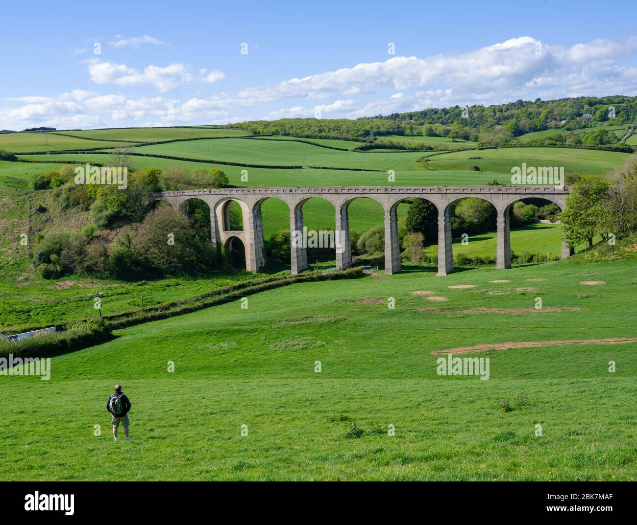 Cannington, East Devon. 2nd May 2020. UK Weather: The imposing viaduct at Cannington frames the beautiful East Devon countryside on a beautiful sunny afternoon during the coronavirus pandemic lockdown. A lone walker admires the view. Credit: Celia McMahon/Alamy Live News Stock Photo