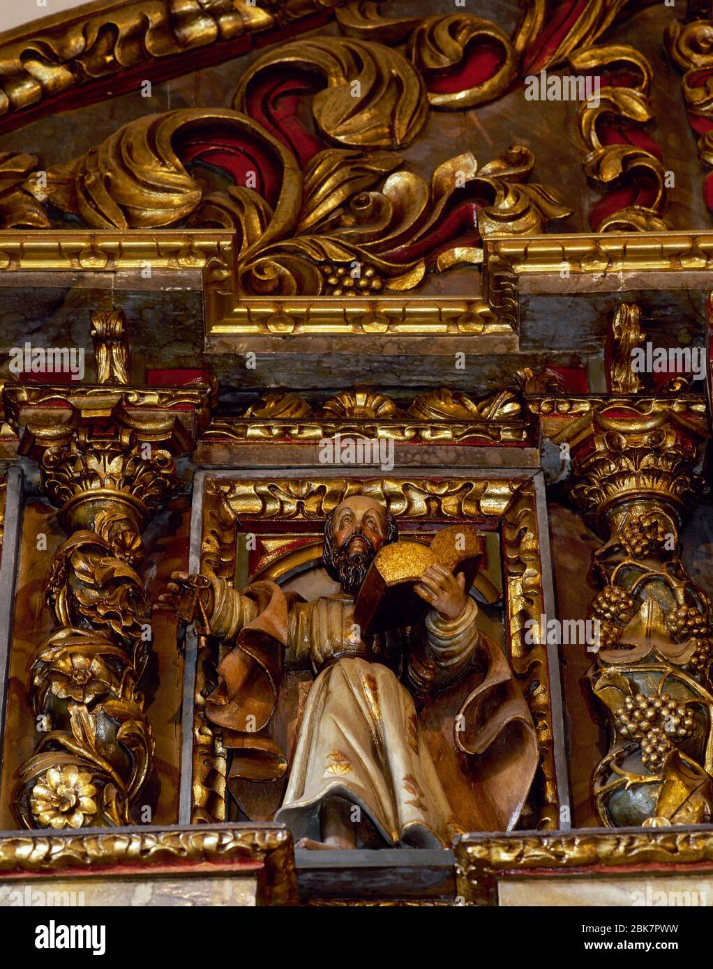 Apostle saint Peter. Polychrome wood carving sculpture of the Baroque altarpiece (18th century), Sanctuary of San Andres de Teixido, La Coruña province, Galicia, Spain. Stock Photo