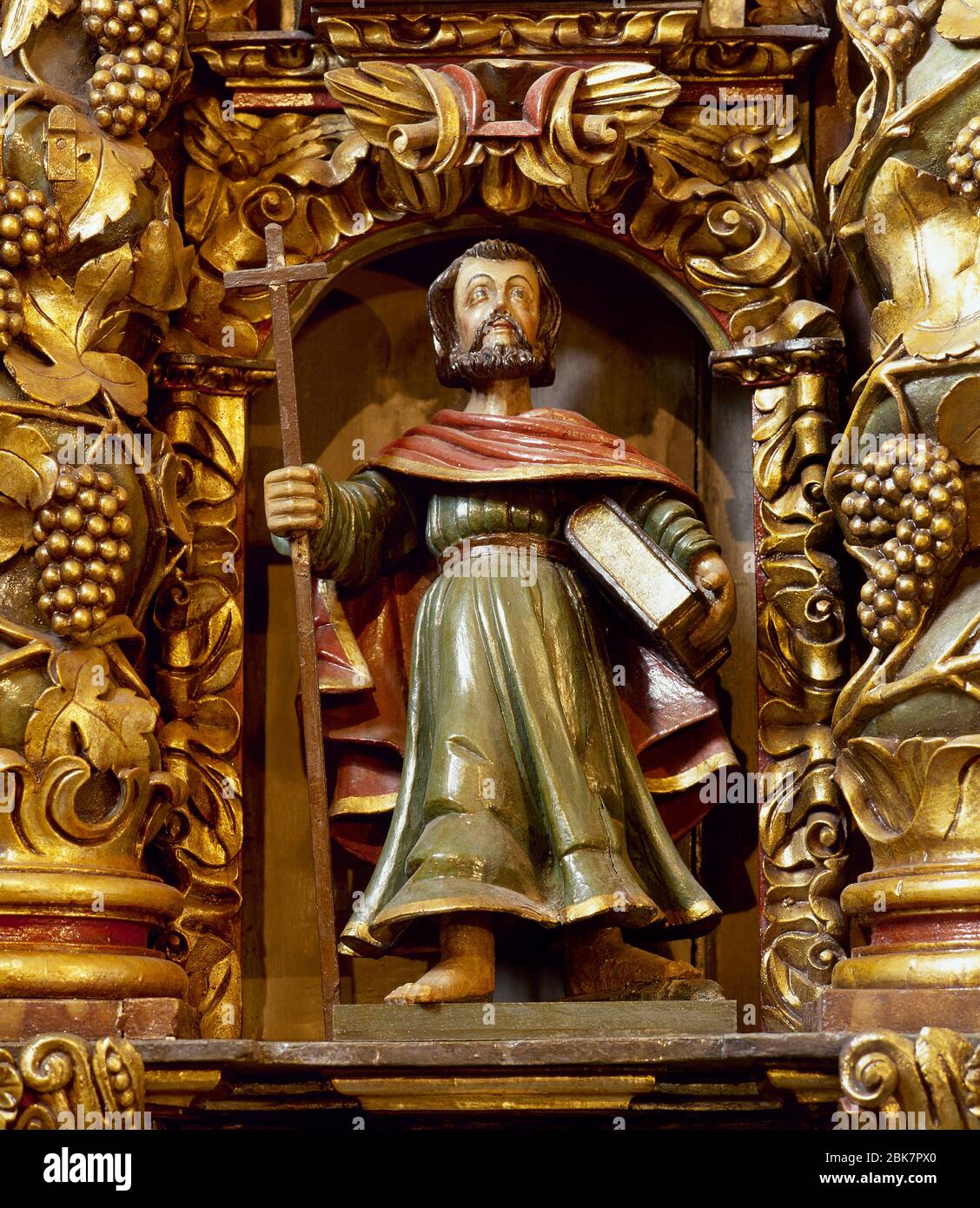 Philip the Apostle (d. 80 AD). Polychrome wood carving sculpture of the Baroque altarpiece (18th century), Sanctuary of San Andres de Teixido, La Coruña province, Galicia, Spain. Stock Photo