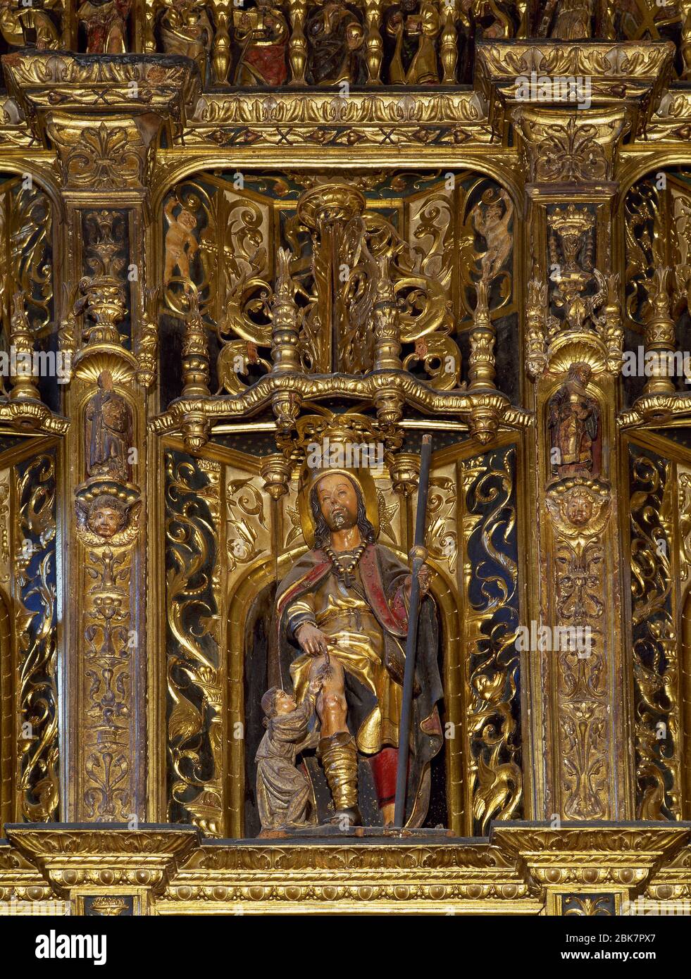 Saint Roch (1348-1376 or 1379). Image of the saint. Altarpiece of the Church of Santiago, by the Flemish sculptor Cornelius de Hollande in 1525. Betanzos, A Coruña province, Galicia, Spain. Stock Photo