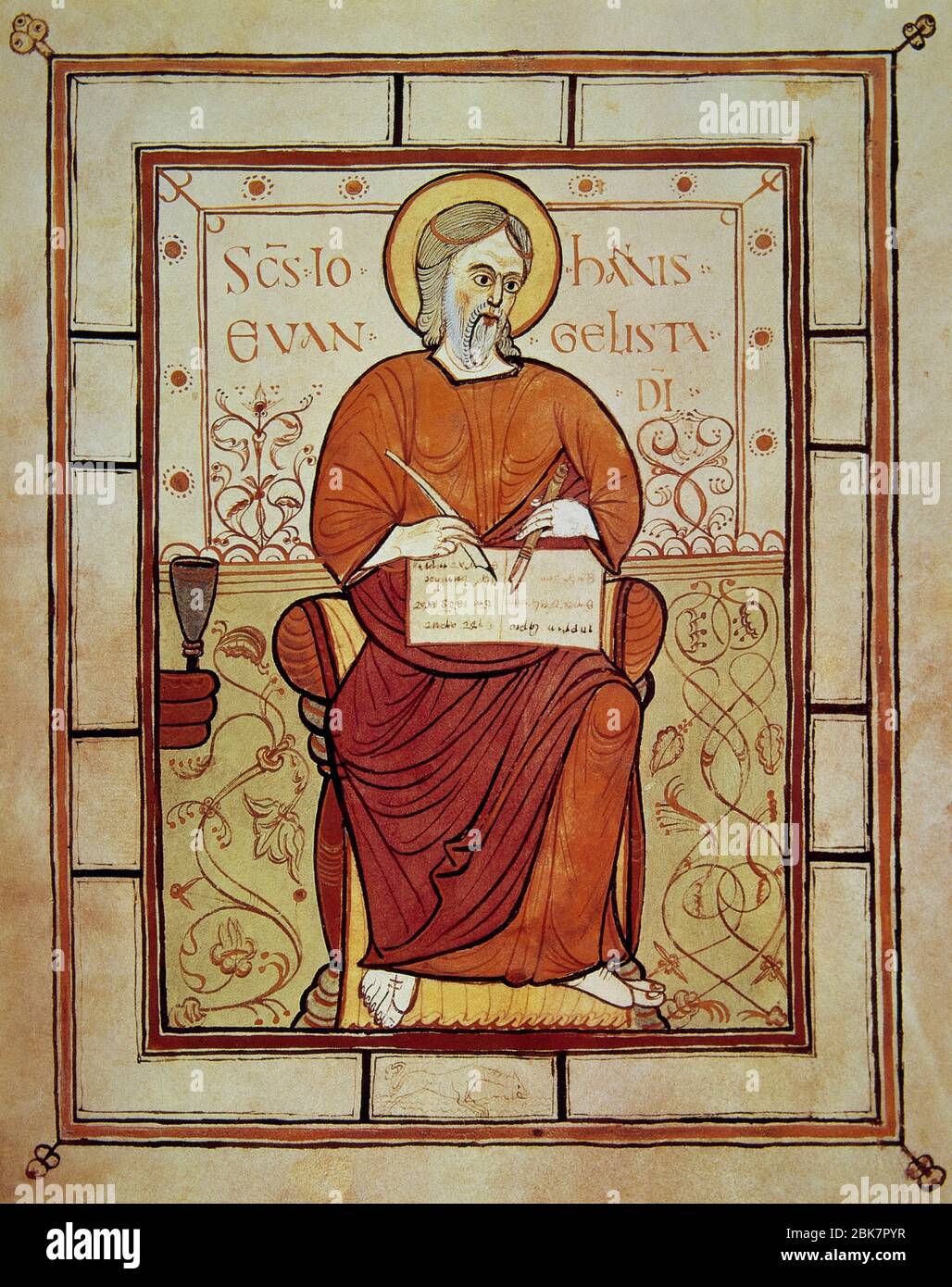 Saint John the Evangelist (1st century AD). Miniature, 8th century. Saint John writing The Gospel. The Four Evangelists. Folio 124v. Vatican Apostolic Library. Stock Photo