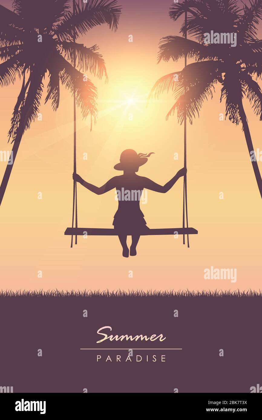 girl on a swing on summer holiday tropical palm background vector ...